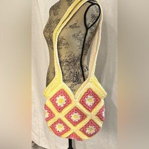 Handmade Crochet Pink and Yellow Tote Bag